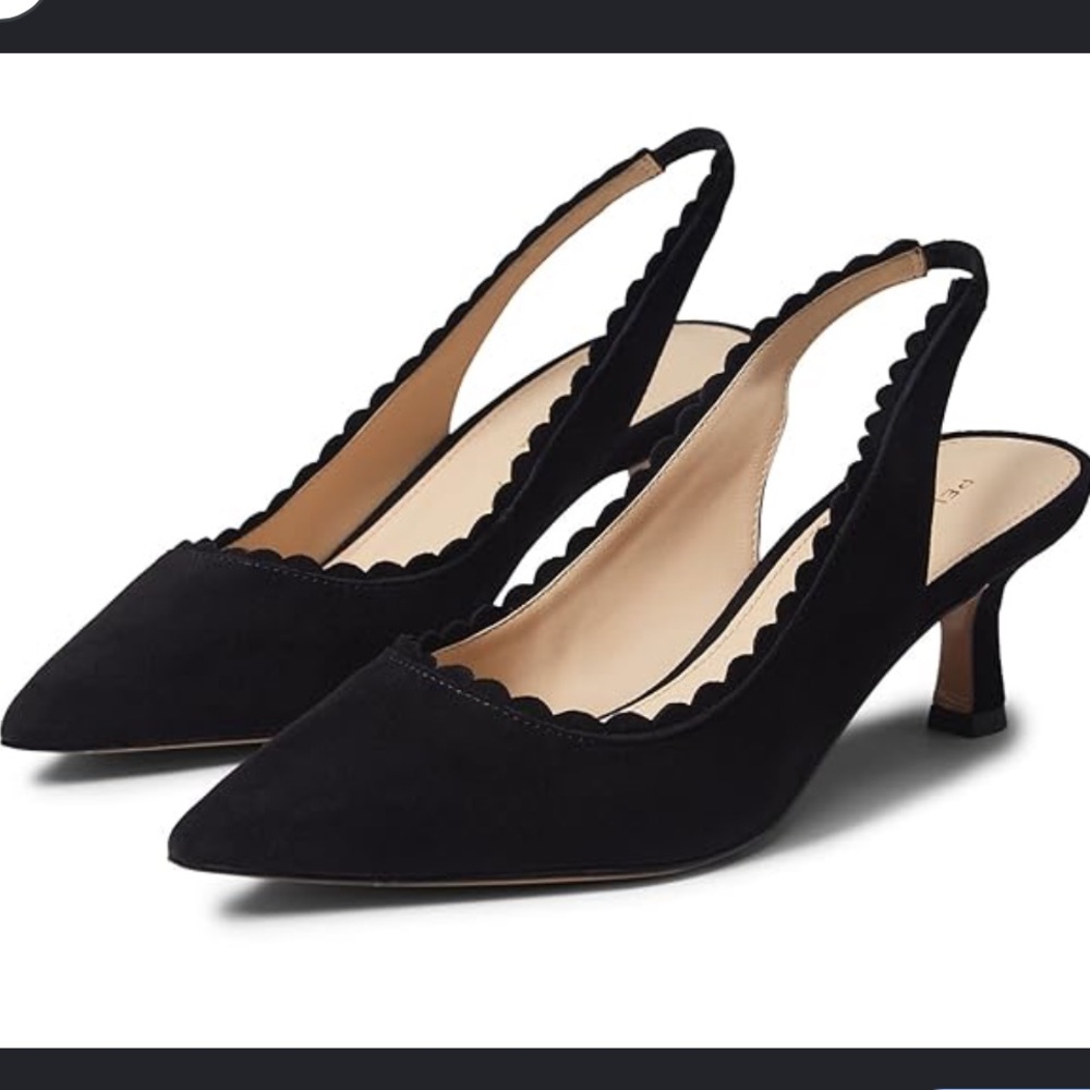 Pelle Moda Black suede Scalloped Pointed Slingback Pumps